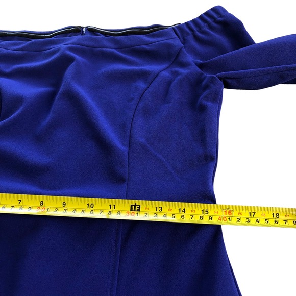 ABS Allen‎ Schwartz Off-Shoulder Capri Blue Cocktail Dress Bell Sleeves 12 - Picture 12 of 16